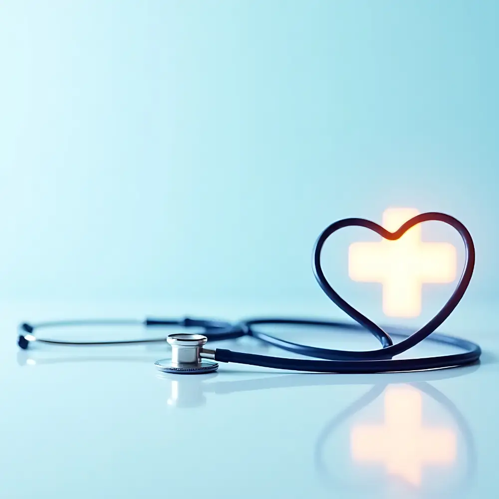 Cœur dessiné avec un stéthoscope, avec un croix éclairée en arrière plan
